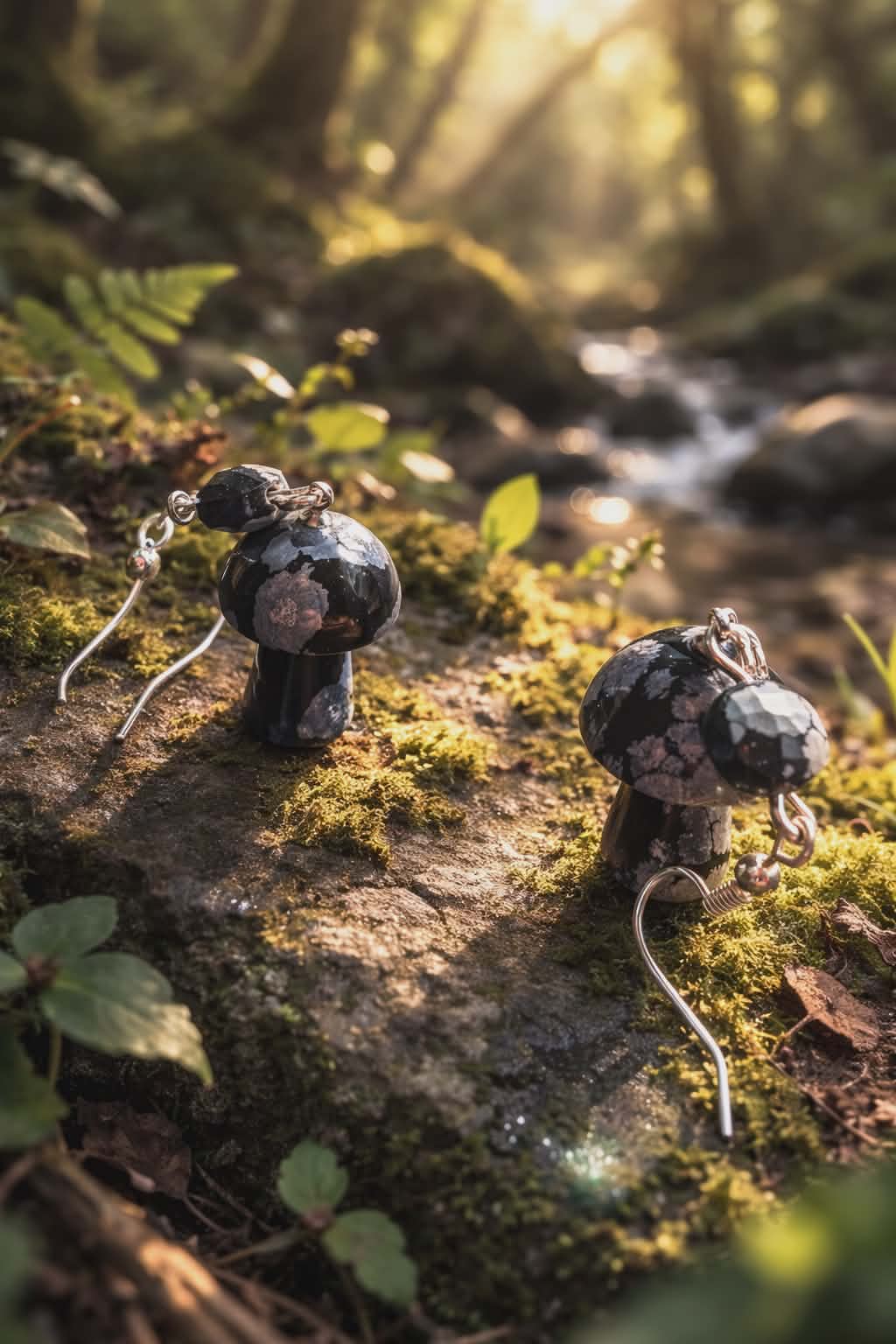Snowflake Obsidian Mushroom Earrings